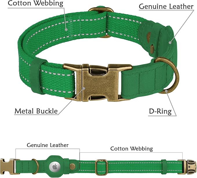 Reflective Leather Dog Collar with AirTag Holder - Soft Apple Airtag Dog Collar with Metal Buckle - Safety Cotton Pet Collars for Dogs Small Large Dogs Puppy (Green, XS, 9"-12")