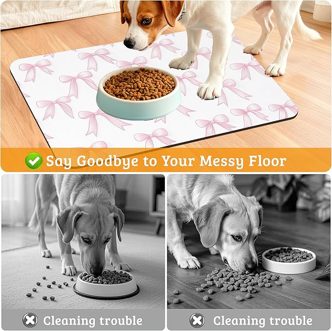 Pet Feeding Mat,Pink Bows Absorbent Dog Cat Food Mat Cute Dog Mat with Rubber Backing,Non-Slip Water Bowl Placemat,Pet Supplies 12" x 20"