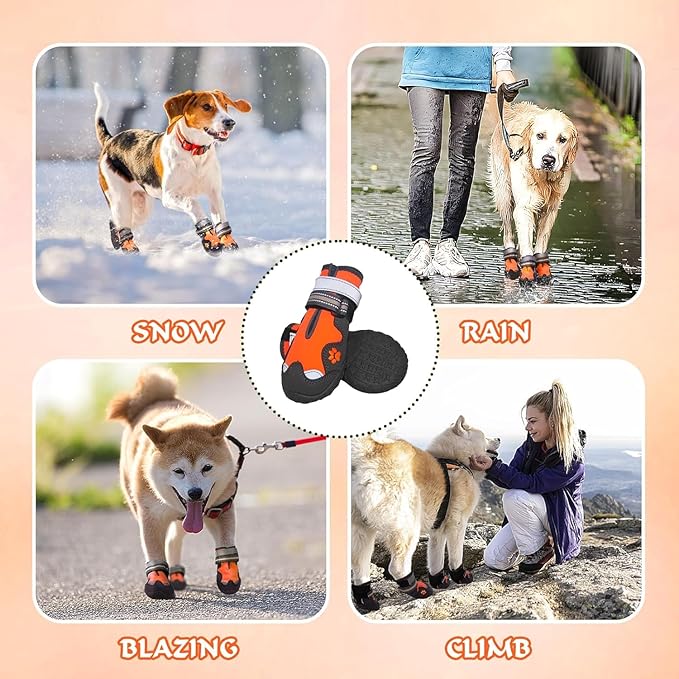 Dog Shoes for Large Dogs, 360°Anti Slip Medium Dog Boots & Paw Protectors Winter Snowy, Waterproof 4Pcs Dog Booties with Reflective Strips (Size 2: 1.77''x2.3''(W*L), Orange)