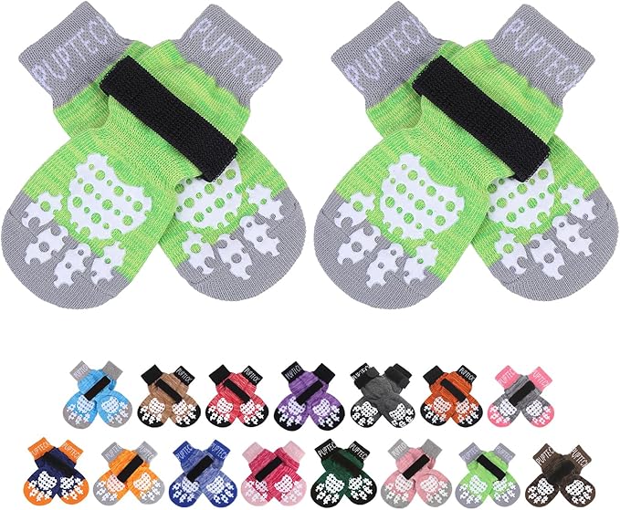PUPTECK Anti-Slip Dog Socks with Double Sides Grips for Small Medium Large Dogs Hardwood Floors Prevents Licking, Dog Shoes for Hot Pavement Traction Control for Senior Dogs, Fluorescent Green, S