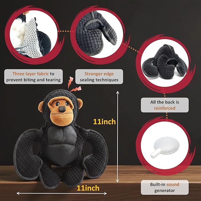 LydaPKS Plush Stuffed Squeaky Dog Toys, Tough Dog Toy Large Breed, Dog Chew Toys for Large Dogs,Chew Dog Toys to Keep Them Busy,11" x 11" Gorilla