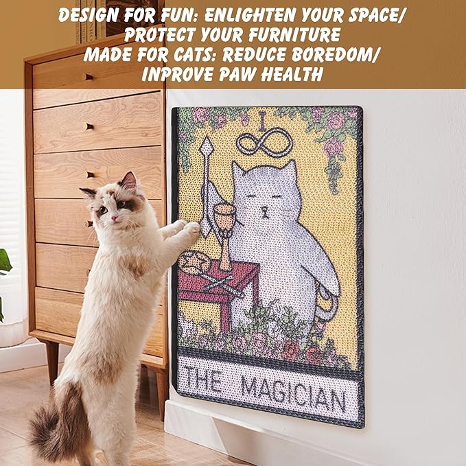 Tarot Cat Scratch Pad – Cardboard Cat Scratcher for Indoor Cats, Wall-Mount or Floor Use Cat Mat, Durable Scratching Post Alternative, Protects Furniture, Water-Based Ink 16×12×1.5 inch (the magician)