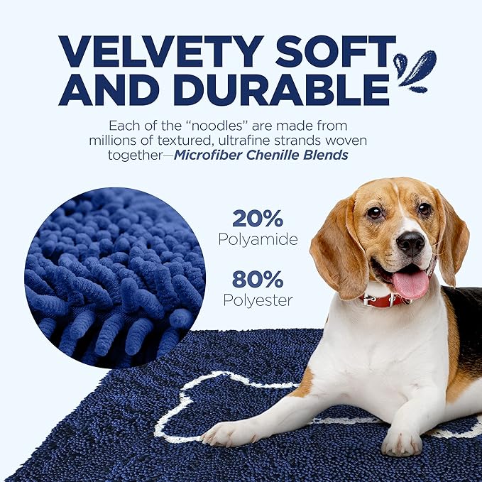 Soggy Doggy Doormat with Bone Design - Ultra Absorbent Microfiber Chenille Wet Dog Mat for Muddy Paws - Non-Slip and Machine Washable (Navy Blue/Oatmeal Bone, Large 26” x 36”)