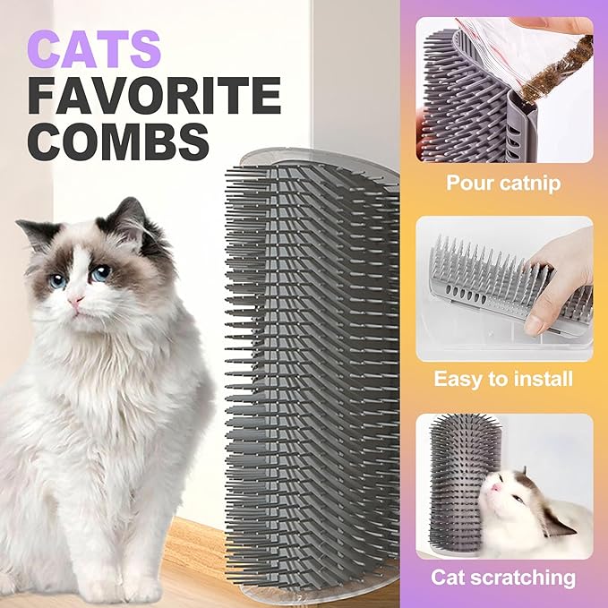 2 Pack Cat Corner Self Groomer, Wall Mounted Grooming Brush for Cats Face Scratcher and Massager Comb for Shedding Interactive Rubbing Tool with Catnip for Indoor Cats
