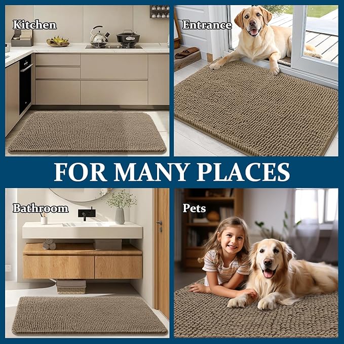 OLANLY Dog Door Mat for Muddy Paws 70x35, Absorbs Moisture and Dirt, Absorbent Non-Slip Washable Doormat, Quick Dry Chenille Mud Mat for Dogs, Entry Indoor Entryway Carpet for Inside Floor, Tan