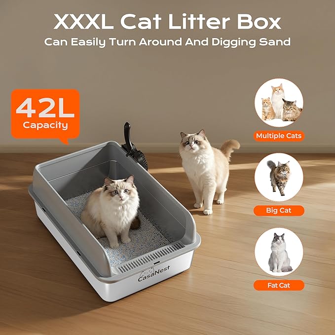 XXXL Stainless Steel Litter Box, 28.1'' Extra Large Metal Litter Box for Big and Multi Cats, Low Entry Design, Metal Pan, Non-Sticky, Anti-Leakage, Easy to Clean