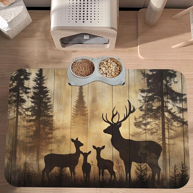 Rustic Woodland Deer Dog & Cat Food Mat for Floors Waterproof,Quick Dry Anti-Slip Bowl Mats for Food and Water,Pet Feeding Mats,Pet Placemat for Messy Drinkers to Protect Floors,Supplies 23.62×15.75in