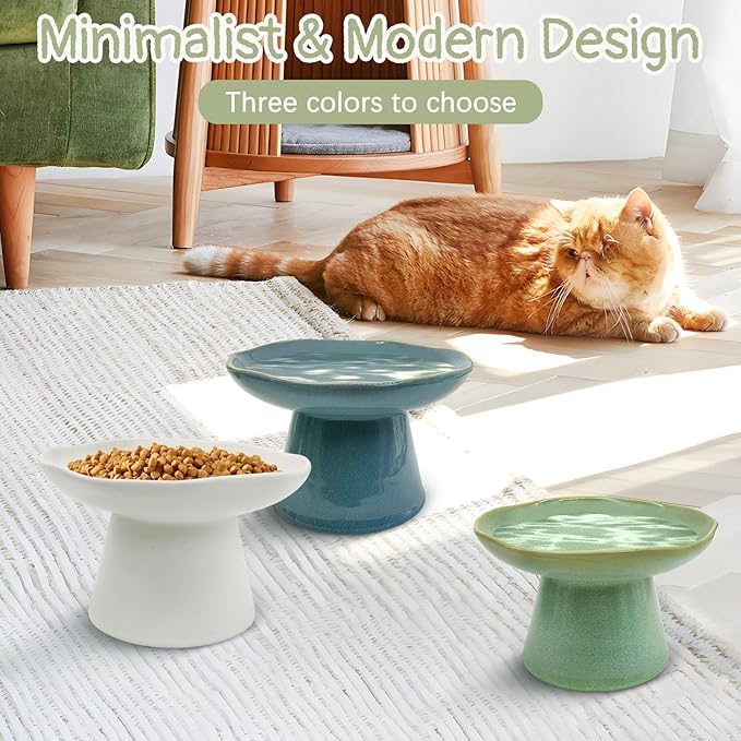 VCEPJH Raised Cat Food Bowls Shallow Cat Plate Ceramic Elevated Cats Dish 6.1in Flat Anti Whisker Fatigue Wide Pet Food & Water Feeder for Indoor Kitty Kitten (Green)