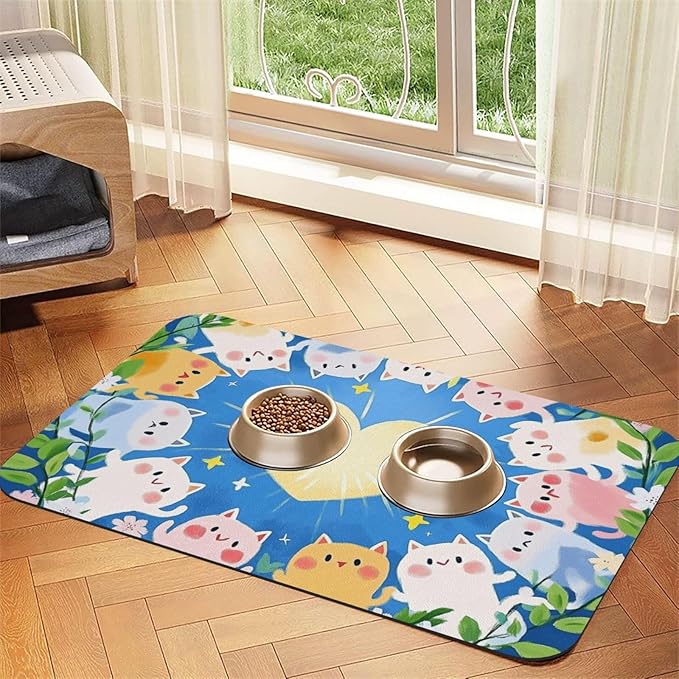 Dog Food Mat for Floors Absorbent,Quick Dry Cat Pet Feeding Placemats with Non Slip Rubber for Dog Food and Water Bowl, Pet Supplies for Dogs, Cats(40x60cm,Cute Cartoon Kittens)