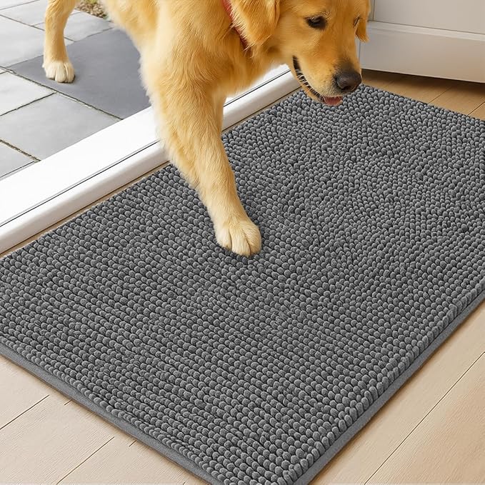 MudGuard Mat™ Dog Door Mat for Muddy Paws, Super Absorbent Microfiber, Non-Slip Indoor Mat, Quick Dry Chenille Mud Mat for Dogs & Entryway, Washable, Grey 24" x 36"