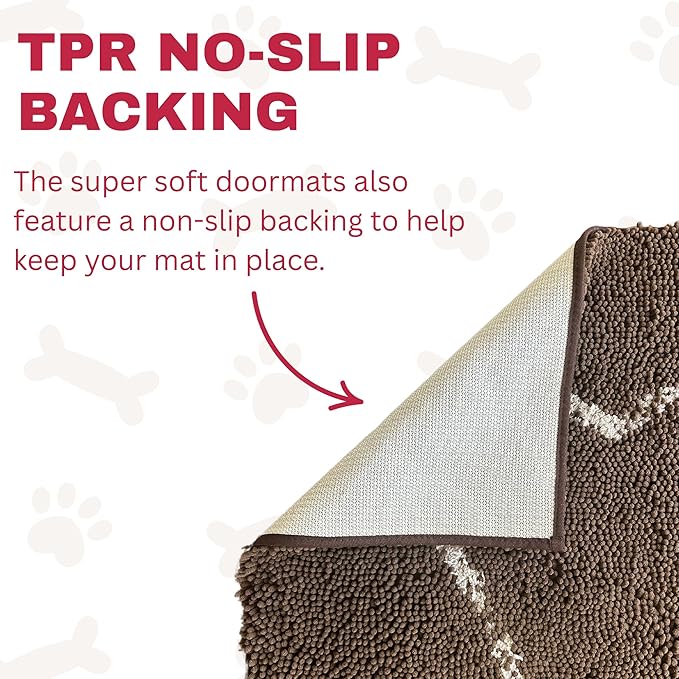 Soggy Doggy Doormat with Bone Design - Ultra Absorbent Microfiber Chenille Wet Dog Mat for Muddy Paws - Non-Slip and Machine Washable (Cranberry/Oatmeal Bone, Extra-Large 36” x 60”)