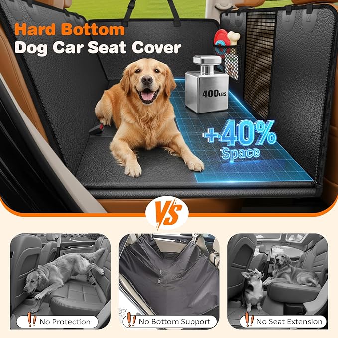 URPOWER PU Leather Backseat Extender for Dogs, Hard Bottom Dog Car Seat Cover for Back Seat, Waterproof Dog Car Hammock Anti-Scratch Pet Rear Seat Protector Travel Bed for Car and SUV