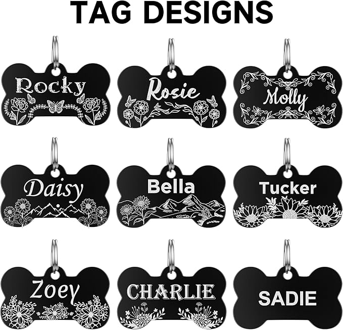 Dog Tags Engraved Pet - GISUREY Dog Tag with 2 Spilt Rings - Stainless Steel and Double-Sided Engraving - Personalized Dog Cat Name Tag with Various Designs, Bone Floral