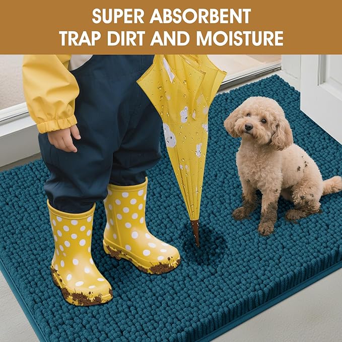 IM HOME Large Dog Door Mats for Muddy Paws, 48" x 30" Chenille Absorbent Mud Mat for Dogs, Non Slip Heavy Dog Rugs for Muddy Paws, Soft Indoor Door Mat for Entryway, Mud Paw, Inside Floor, Teal Blue