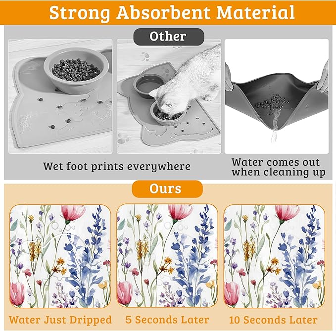 Flowers Butterfly Dog Food Mat,Colorful Absorbent Pet Feeding Mat for Food and Water Bowl,Quick Dry Dog Placemat Non Slip Rubber Backing Waterproof Pet Supplies 16" x 24"