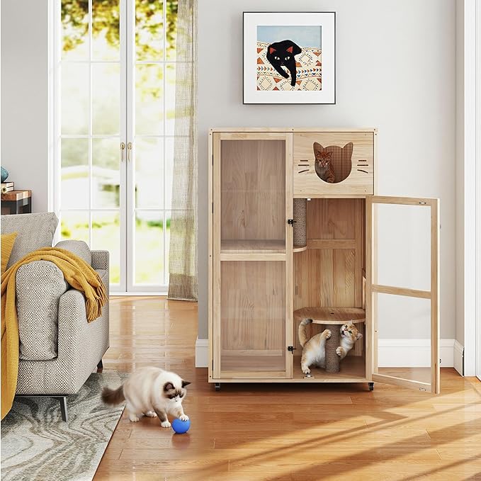 Large Wooden Cat House on Wheels, Indoor Cat Villa with Condo, Multi Platforms, Scratchers, Vent, Litter Box Area, Clear Doors, Cat Cage Enclosure for Kittens & Adult Cats (Natural Wood)