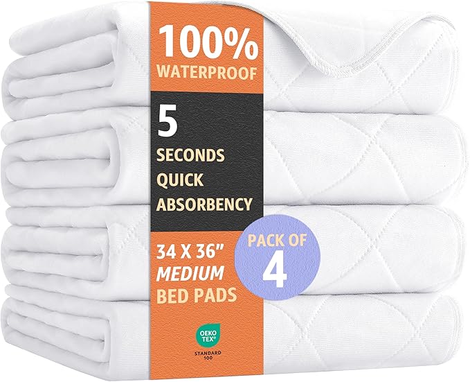 Ultimate Washable Underpads - Heavy Absorbency, Waterproof Reusable Incontinence Pads for Adults, Kids, Elderly & Pets - Bedwetting Pads for Bed, Couch, Sofa, Floor (White, 34 x 36 Inches, Pack of 4)