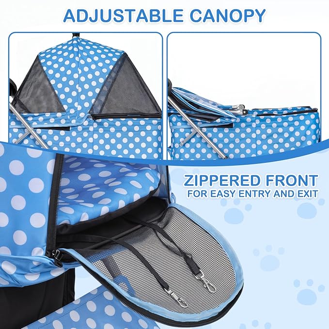 MoNiBloom 3 in 1 Foldable Pet Stroller for Small & Medium Dogs, Detachable Carrier, Car Seat, Push Button Entry, 4-Wheel Jogger for Pets up to 33 lbs, Sky Blue Polka Dots