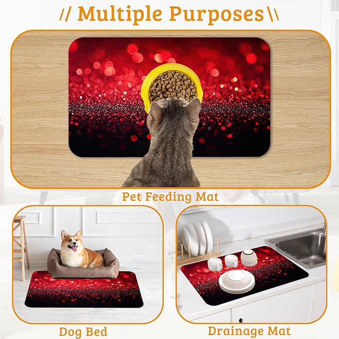 Red Gradienr Feeding Mat,Black Glitter Absorbent Quick-Dry Cat Dog Food and Water Bowl Mats,Non-Slip Rubber Backing Mat,Cat Dog Accessories Supplies 12" x 20"