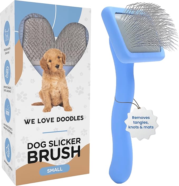 We Love Doodles Dog Slicker Brush for Grooming Pet Hair - Best Brushes For Poodle & Golden Doodle - Long Haired Brush For Dogs - Goldendoodle Long Pin Brush For Dematting (Small)