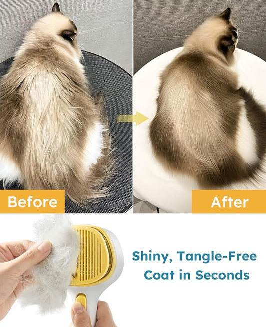 3-in-1 Anti-static Cat Steam Brush & Deshedding Tool - Cat Brush for Long/Short Hair, Reduces 95% Shedding, Easy Clean Grooming Supplies for Pet Owners (Yellow - Long Head)