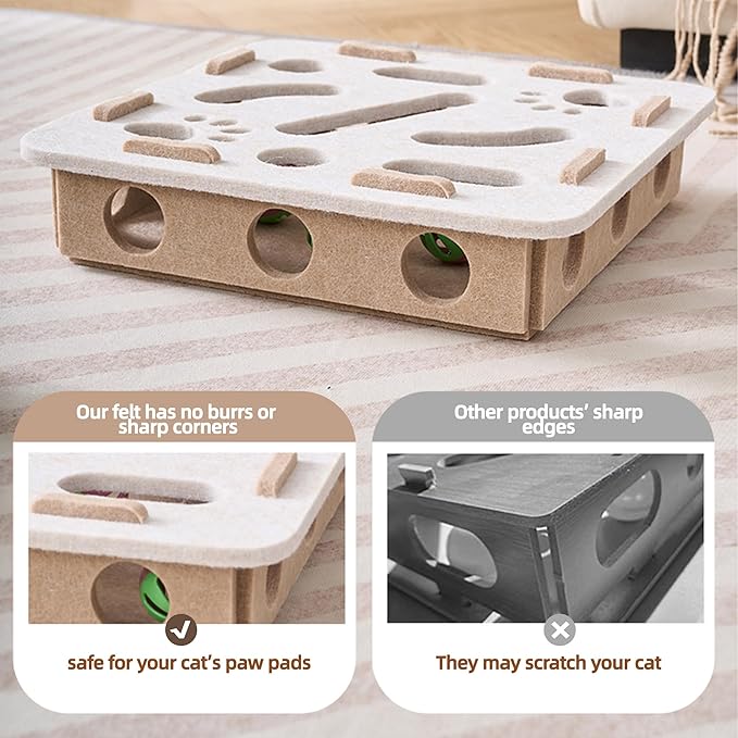 Interactive Cat Puzzle Feeder Toy - Felt Maze Box with 3 Jingle Balls for Indoor Cats, Kittens to Adults - Mental Stimulation, Slow Feeding & Fun Exercise Encourages Natural Hunting Instincts