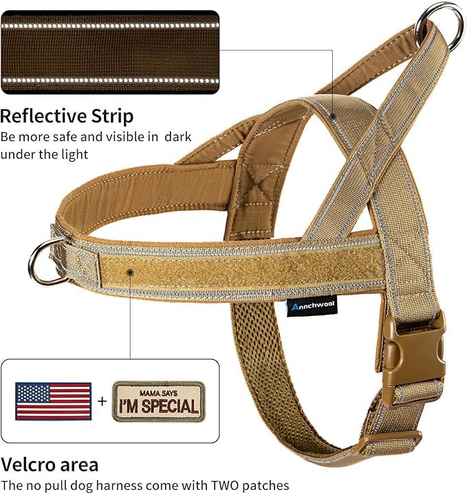 Annchwool No Pull Dog Harness with Soft Padded Handle,Reflective Strip Escape Proof and Quick Fit to Adjust Dog Harness,Easy for Training Walking for Small & Medium and Large Dogs(Brown,M)
