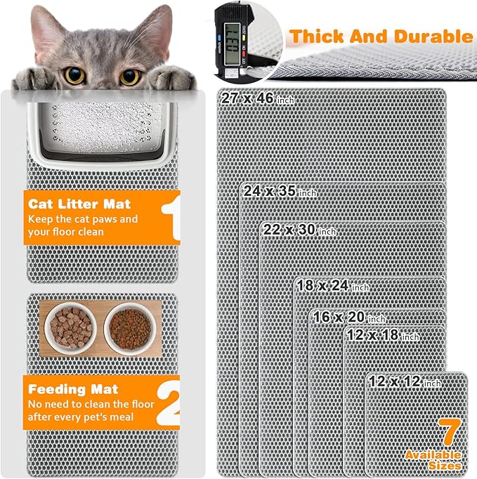 Waterproof Cat Litter Mat, Double Layer EVA, Odor-Free Large Grid, Urine Proof, Easy Cleanup (Gray, 12 x 18)