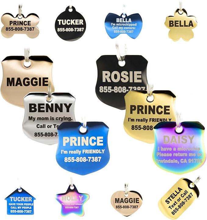 Engraved Dog Tags Personalized - Stainless Steel Engraved Dog Cat ID Tags Front & Back up to 8 Lines of Text Color Plating Gold, Rose Gold, Blue, Black, Nebula Badge Regular