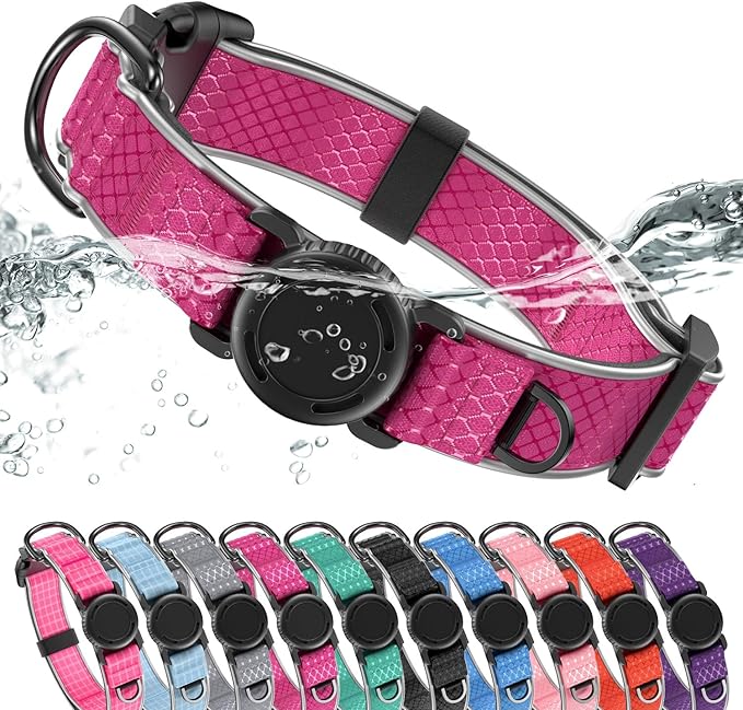 WhoseID Airtag Dog Collar | with Waterproof Air Tag Holder | QR Code Pet ID | Durable Comfortable Oxford Padded | Reflective Collar | for Small Puppy Dogs(Rose,S,10''~16'')