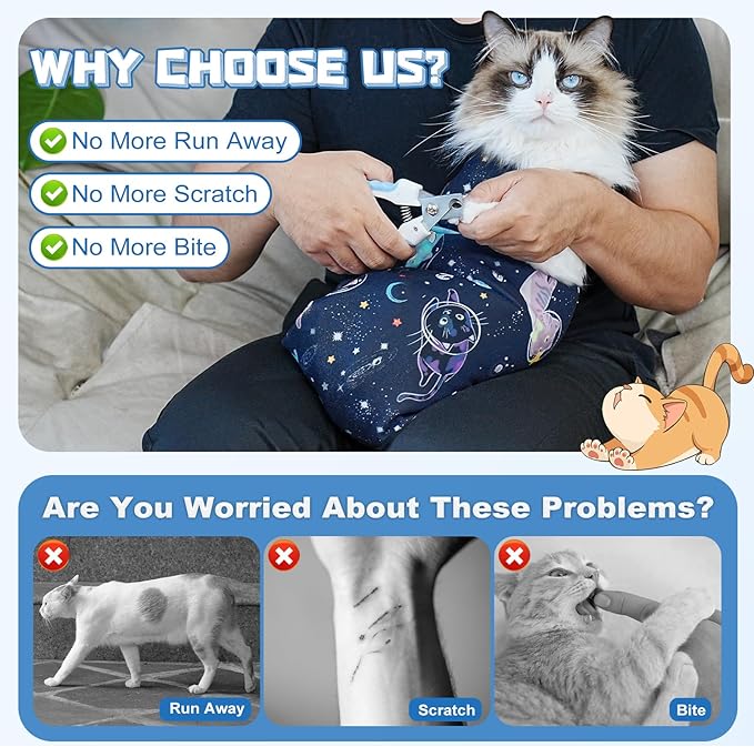 Supet Cat Grooming Wrap for Cutting Nails, 2025 Self-Adherent Cat Wrap, Anti-Escape Calming Cat Swaddle Wrap for Medicine, Nail Clipping, Teeth Brushing, Ear Cleaning (Space, L)