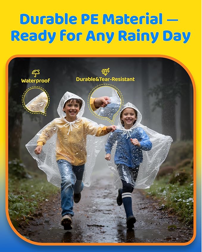 Hitituto Rain Ponchos Family Pack Kids– 6/12/24 Pack Disposable Poncho with Hood, Clear & Assorted Colors, Home Survival Kits