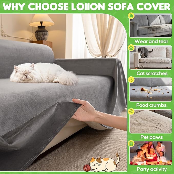 Loiion Cat Scratch Furniture Protector - Ultra Soft, Waterproof Sofa Cover to Keep Cats Off, Pet-Friendly Couch Protectors for Love Seat, Anti-Slip Couch Cover for Pets and Kids 150"X71" Grey