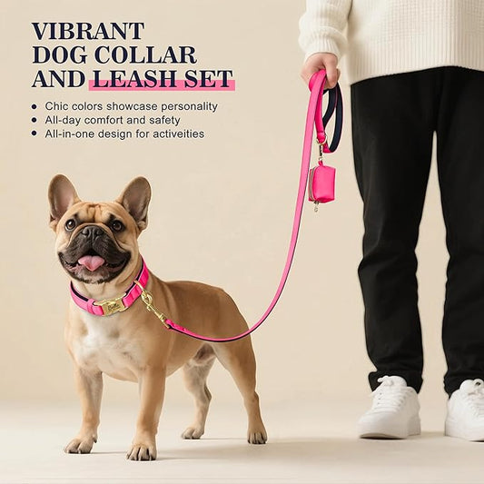 PET ARTIST Personalized Dog Collars, Colorful Pink Custom Dog Collar with Silent Engraved ID Tag, Lightweight Breathable Nylon & Soft Padded, Matching Leash & Poop Bag for Large Dogs,L Fit 15-23"
