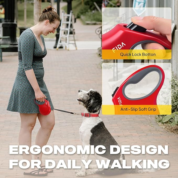 Fida Retractable Dog Leash, 16ft Heavy Duty Pet Walking Leash for X-Small/Small/Medium/Large Dog or Cat up to 110 lbs, Tangle-Free. One-Hand Brake (Large, Red)