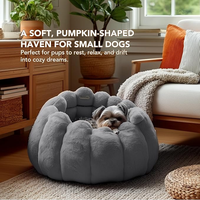 PETNOVO Pumpkin Calming Cat Bed,Plush Donut Cuddler with High Bolster,Ultra Soft Bunny Plush,Oeko‑TEX,Non-Slip Pet Nest,for Indoor Cats up to 13 lbs & Small Dogs,20Lx20Wx12H Inch,Grey