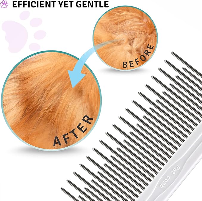 Poodle Pet Detangling Pet Comb with Long & Short Stainless Steel Teeth for Removing Matted Fur, Knots & Tangles – Detangler Tool Accessories for Safe & Gentle DIY Dog & Cat Grooming