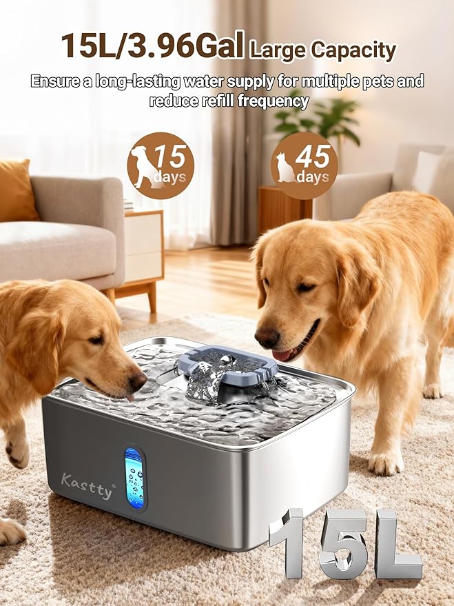 Kastty 4 Gal Dog Water Fountain for Large Dogs,15L Stainless Steel Large Pet Water Fountain, Ultra Quiet Automatic Dog Water Bowl Dispenser with Water Level Window and LED Light(FS78,Grey