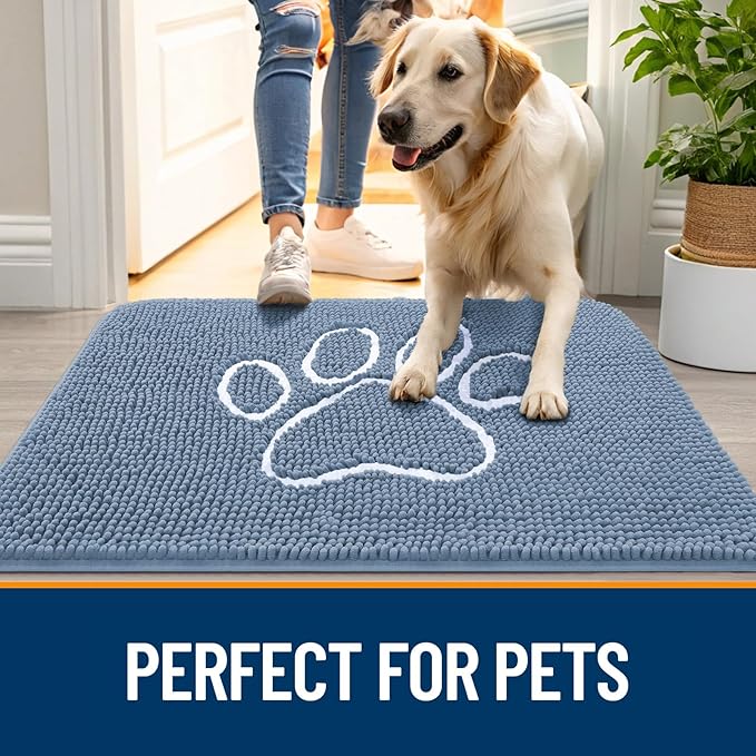 OLANLY Dog Door Mat for Muddy Paws 30x20, Paw Print Design, Absorbs Moisture and Dirt, Non-Slip Washable Doormat, Quick Dry Chenille Mud Mat, Entry Indoor Entryway Carpet, Airy Blue and White