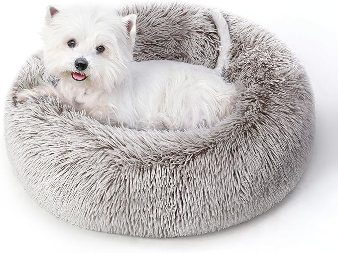 Calming Dog Bed & Cat Bed for Indoor Cats, Medium Size Washable Anti-Slip Anti-Anxiety Donut Dog Beds for Small Dogs & Cats, Fluffy Plush Cozy Round Dog Bed(20 Inch, Brown)