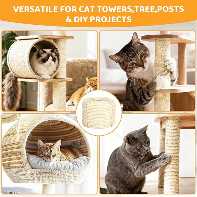 Natural Sisal Rope for Cat Scratcher Tree Thick 5-mm 1/5 Inch by 150 Feet, Cat Tower Climbing Twine for Cat Scratching Post Replacement, Scratch Post Repairing, Replace, Recovering and DIY, White