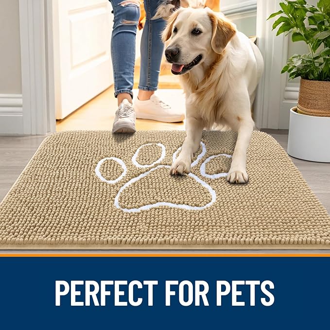 OLANLY Dog Door Mat for Muddy Paws 40x32, Paw Print Design, Absorbs Moisture and Dirt, Absorbent Non-Slip Washable Doormat, Quick Dry Chenille Mud Mat for Dogs, Entry Indoor Entryway Carpet, Beige