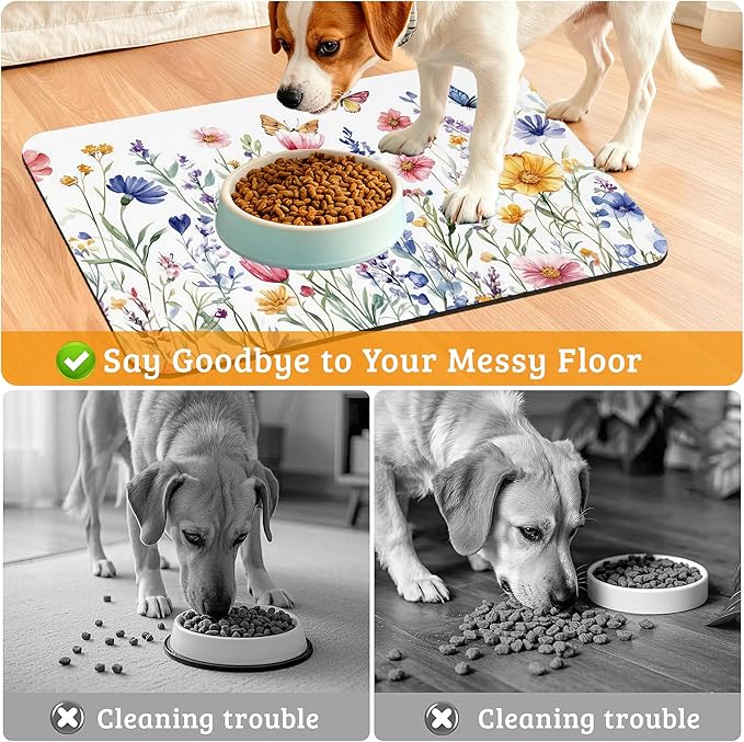 Flowers Butterfly Dog Food Mat,Colorful Absorbent Pet Feeding Mat for Food and Water Bowl,Quick Dry Dog Placemat Non Slip Rubber Backing Waterproof Pet Supplies 16" x 24"