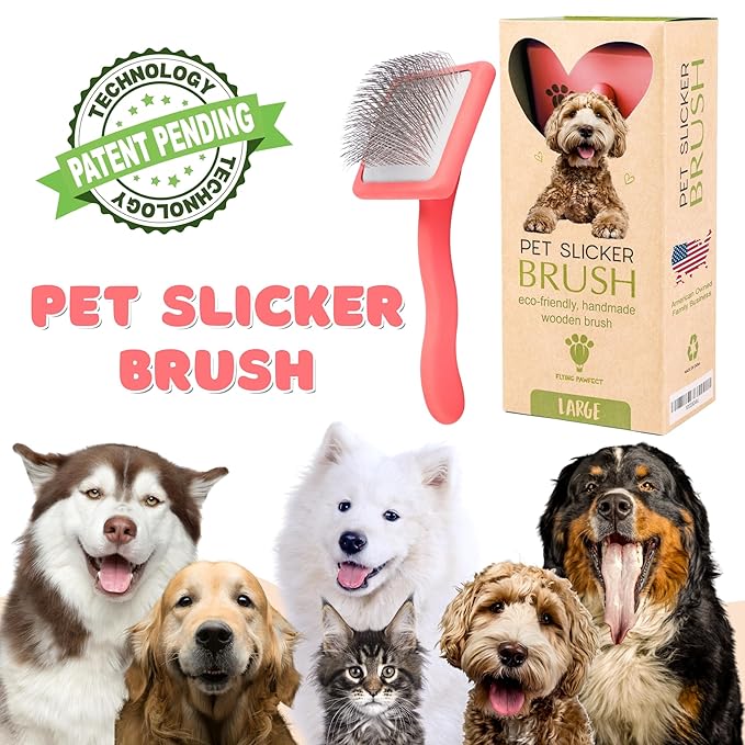 Pet Slicker Brush With Soft Massage Grooming Stainless Steel Pins - For Dematting, Shedding Fur, and Undercoat - Ideal Gift for Professional Pet Groomers - Long Slicker Brush (Coral, Flat Small)