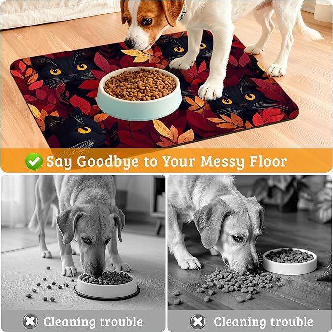 Dog Bowl Mat,Black Cat Pet Feeding Mat for Floors Waterproof,Forest Red Absorbent Dogs Placemat for Food and Water Quick Dry Pet Cat Feeding Mats with Non Slip Bottom 12" x 20"