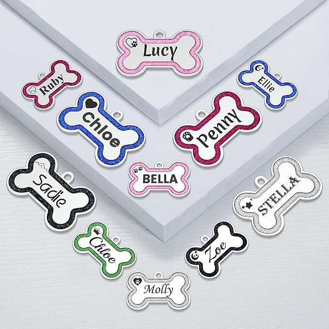 YEHANTI Dog Tags Personalized for Pets - Durable Stainless Steel Pet ID Tags with Lovely Icons, Glitter Bone Custom Dog Tags for Large Small Dogs Cats, Dog Name Tags Engraved On Both Sides（L,Rose Red）