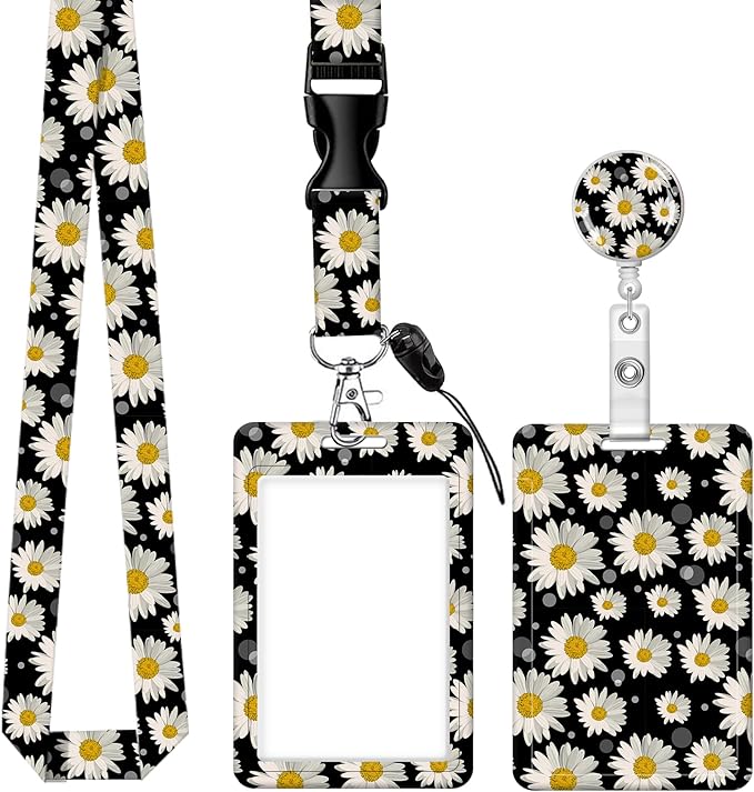 BLOCIT Lanyards for ID Badges and Keys, Funny Badge Reel Retractable with Clip,ID Badge Holder with Breakaway Lanyard, Teacher Nurse Office Gifts（Sunflower White Daisy）