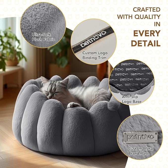 PETNOVO Pumpkin Calming Cat Bed,Plush Donut Cuddler with High Bolster,Ultra Soft Bunny Plush,Oeko‑TEX,Non-Slip Pet Nest,for Indoor Cats up to 13 lbs & Small Dogs,20Lx20Wx12H Inch,Grey