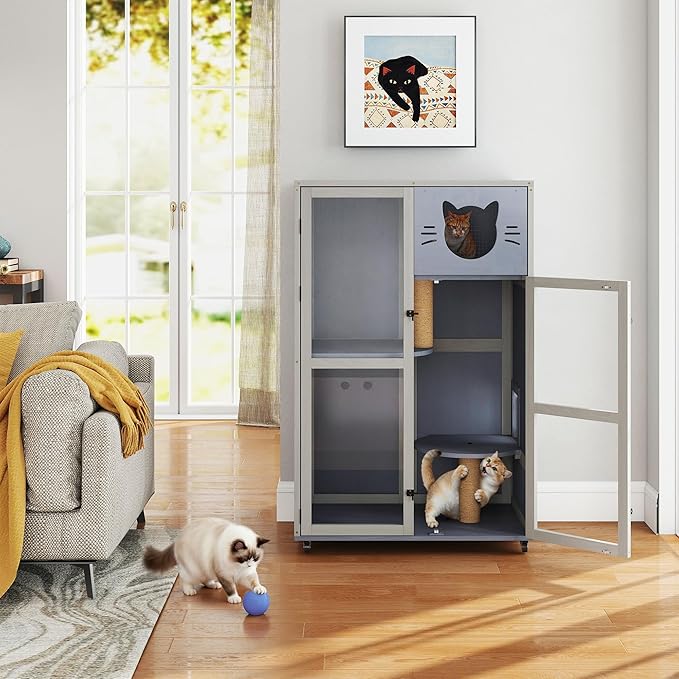 Large Wooden Cat House on Wheels, Indoor Cat Villa with Condo, Multi Platforms, Scratchers, Vent, Litter Box Area, Clear Doors, Cat Cage Enclosure for Kittens & Adult Cats (Gray)
