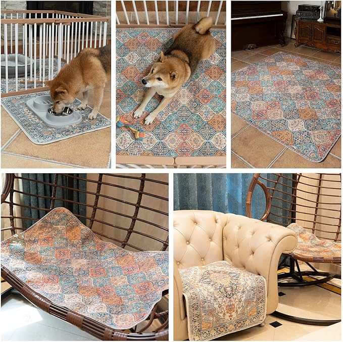 nunubaby Washable Pee Pads for Dogs, Stylish, Non-Slip and Leak-Proof Pee Pads. Reusable Potty Pads for Dogs for Crates and Floors.(Brown/Geo, 48" x48" )